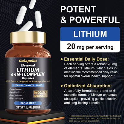 Lisopomal Lithium Orotate Complex Capsules, Lithium Orotate 20 mg, Magnesium Glycinate & Ashwagandha, Brain Health Supplements for Cognitive, Mood & Memory - Maple Wellness Supplements