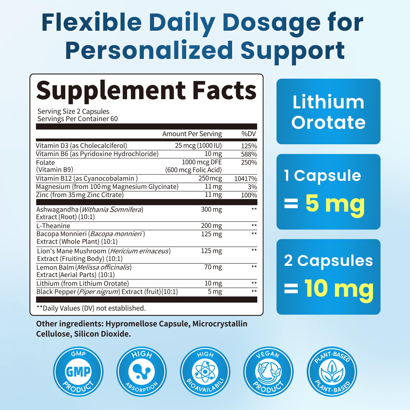 Lithium Orotate 5/10mg, L-Theanine 200mg, Ashwagandha 300mg - Mood Focus Memory Brain Supplements with Bacopa Monnieri, Lion’s Mane, Magnesium, Zinc D3 B6 Folate B12 - Maple Wellness Supplements