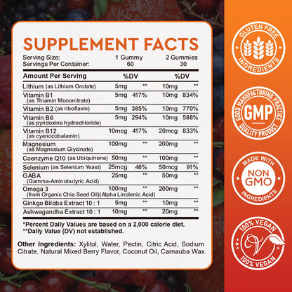 Lithium Orotate 5mg 10mg Gummies Lithium Supplements with Vitamin B, Magnesium & Selenium for Mood Support, Stress Relief, Brain Health, Non-GMO, Vegan, Gluten Free - Maple Wellness Supplements