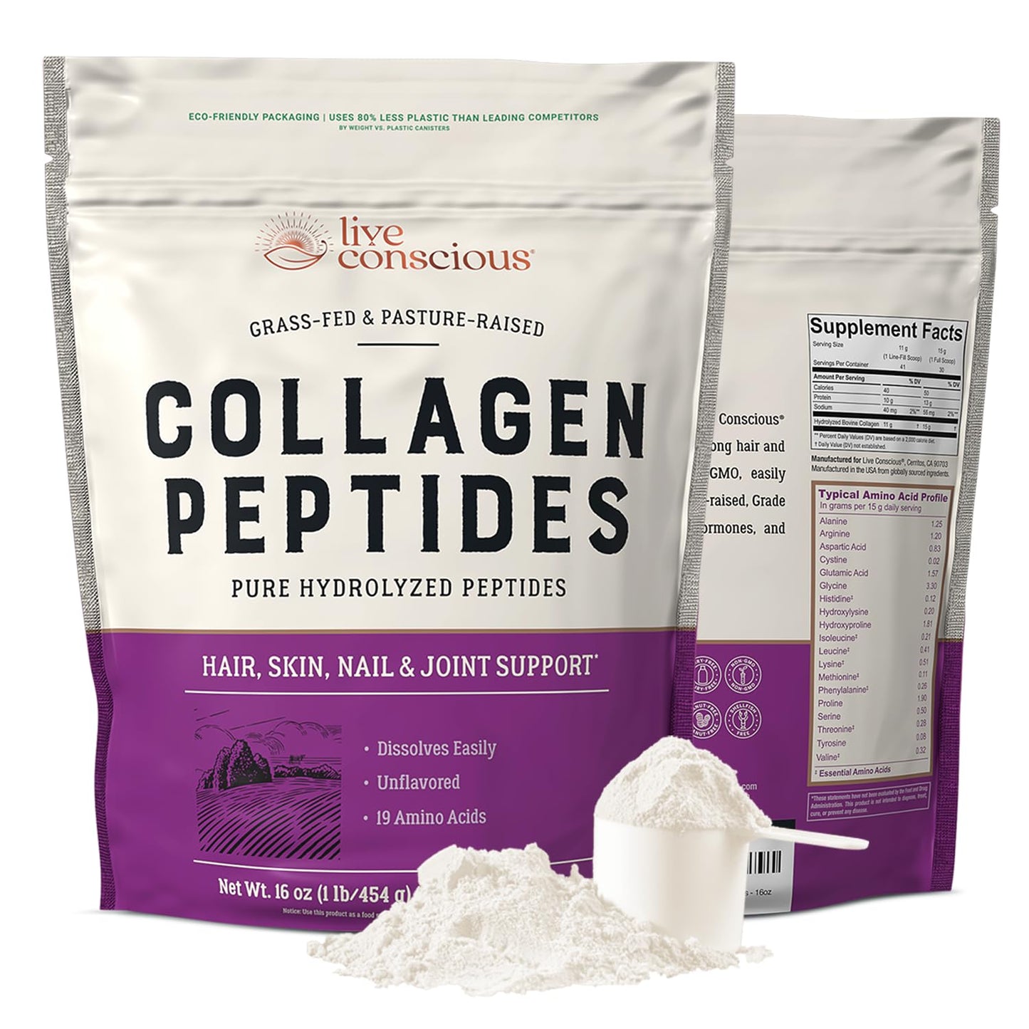 Live Conscious Collagen Peptides Powder - Naturally-Sourced Hydrolyzed Collagen Powder - Hair, Skin, Nail, and Joint Support - Type I & III Grass-Fed Collagen - Maple Wellness Supplements
