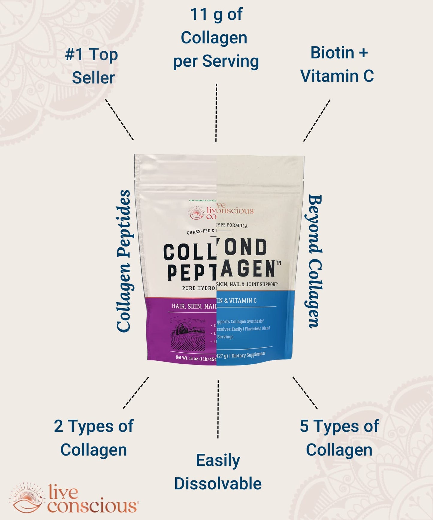 Live Conscious Collagen Powder Hydrolyzed Collagen Peptides Type I & III - Keto & Paleo Friendly - Unflavored - 20 Servings, 7.8 oz - Maple Wellness Supplements