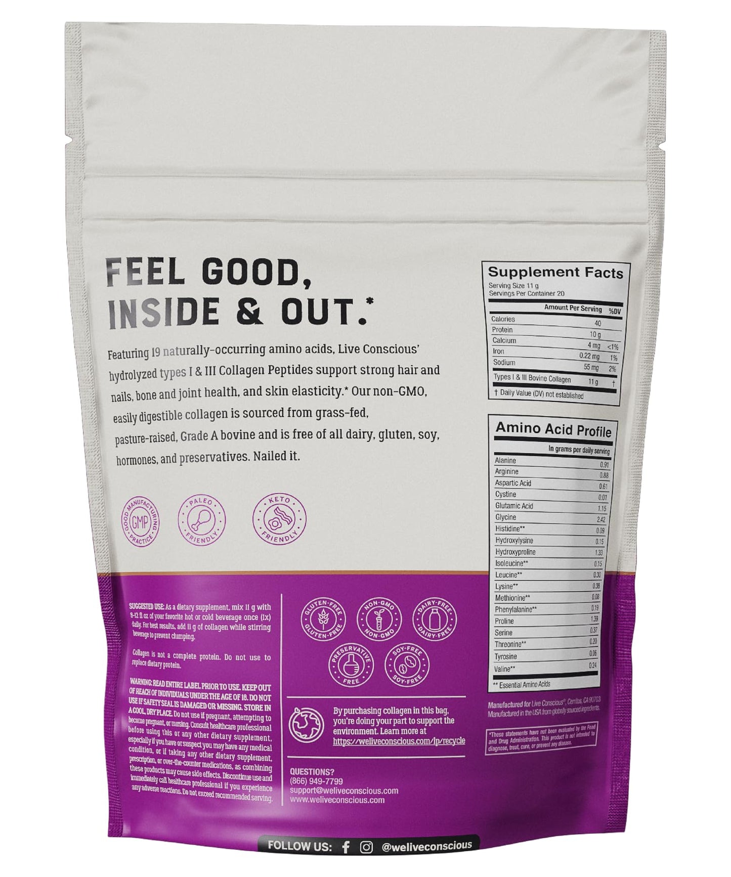 Live Conscious Collagen Powder Hydrolyzed Collagen Peptides Type I & III - Keto & Paleo Friendly - Unflavored - 20 Servings, 7.8 oz - Maple Wellness Supplements