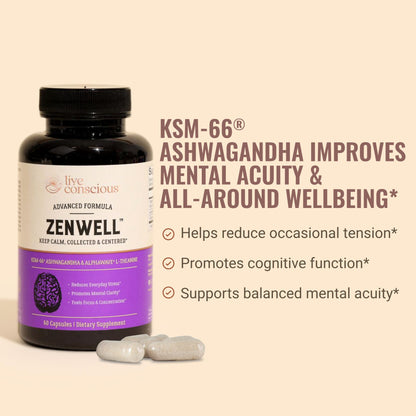 Live Conscious KSM-66 Ashwagandha Supplement w/L Theanine & AlphaWave - ZenWell Everyday Stress Relief, Cognitive, Brain Health - Maple Wellness Supplements