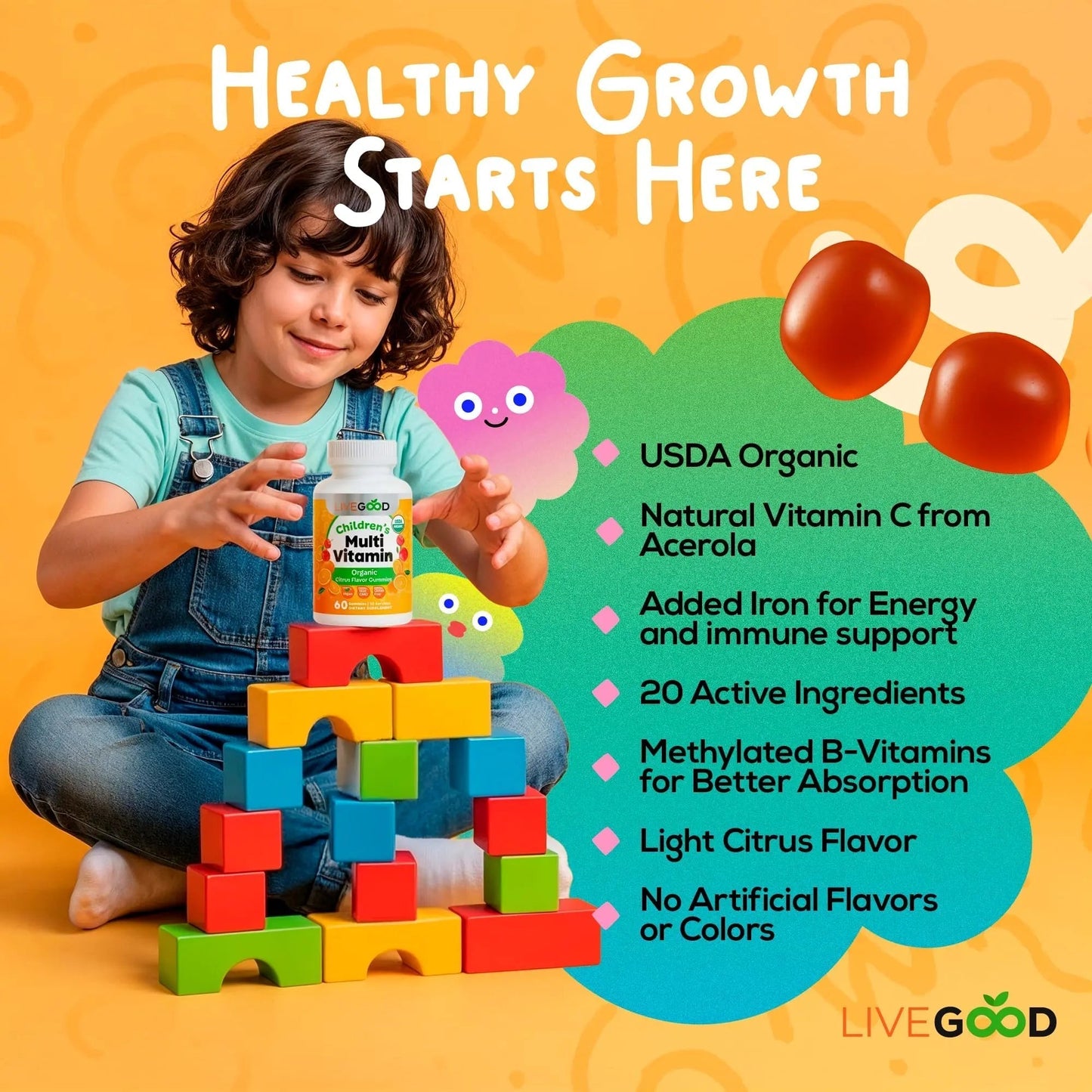 LIVEGOOD Organic Children’s Multivitamin Gummies, Kids Multivitamin, Vitamin D for Toddlers and Children, Organic Kids Chewable Vitamins for Immunity - Maple Wellness Supplements