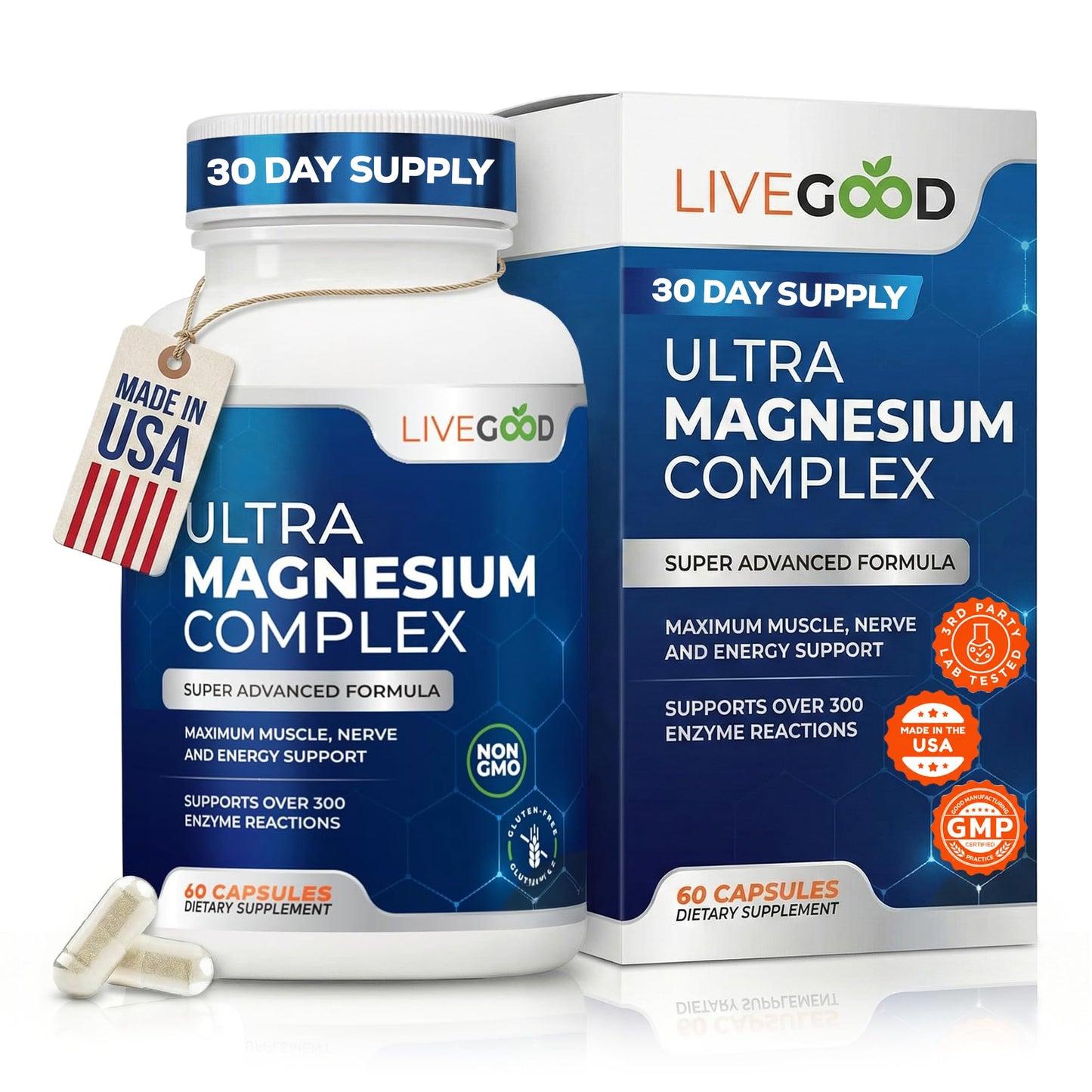 LiveGood™ Ultra Magnesium Complex, Organic Magnesium Glycinate and Gluconate for Muscle Recovery, Nerve Support & Relief – High Absorption Supplement, Vegan, Non-GMO, Made in USA, 60 Capsules - Maple Wellness Supplements