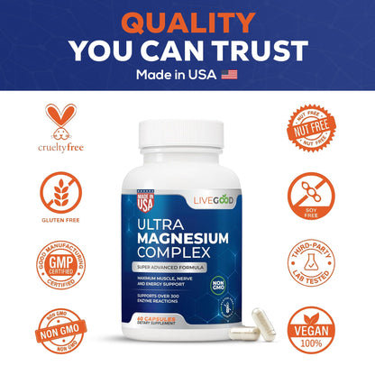LiveGood™ Ultra Magnesium Complex, Organic Magnesium Glycinate and Gluconate for Muscle Recovery, Nerve Support & Relief – High Absorption Supplement, Vegan, Non-GMO, Made in USA, 60 Capsules - Maple Wellness Supplements