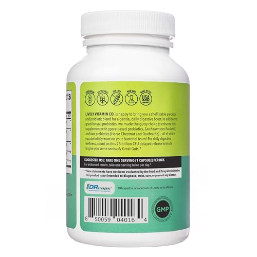 LIVELY VITAMIN CO. Great Guts Probiotic - 25 Billion CFU Probiotic - Balance Gut Microbiome, GI Tract, Inflammation, Indigestion, Reflux, Upset Stomach, & Diarrhea - 90 Caps - Maple Wellness Supplements