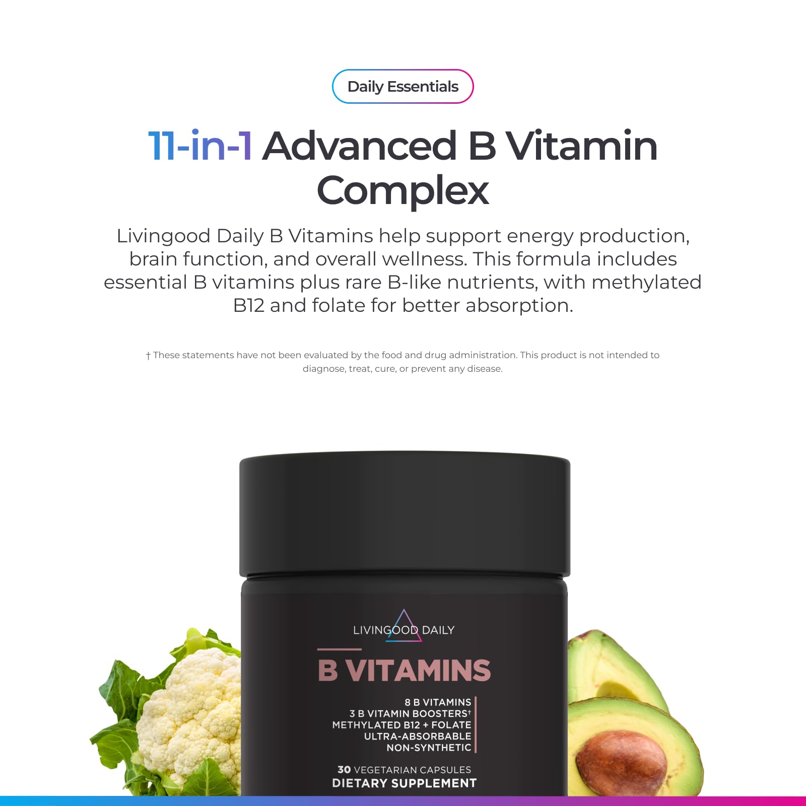 Livingood Daily Vitamin B Complex Capsules for Men and Women, Methylated B12 & Folate, 11 Active Forms Including B1 B2 B3 B5 B6 & Biotin, Gluten Free - Maple Wellness Supplements