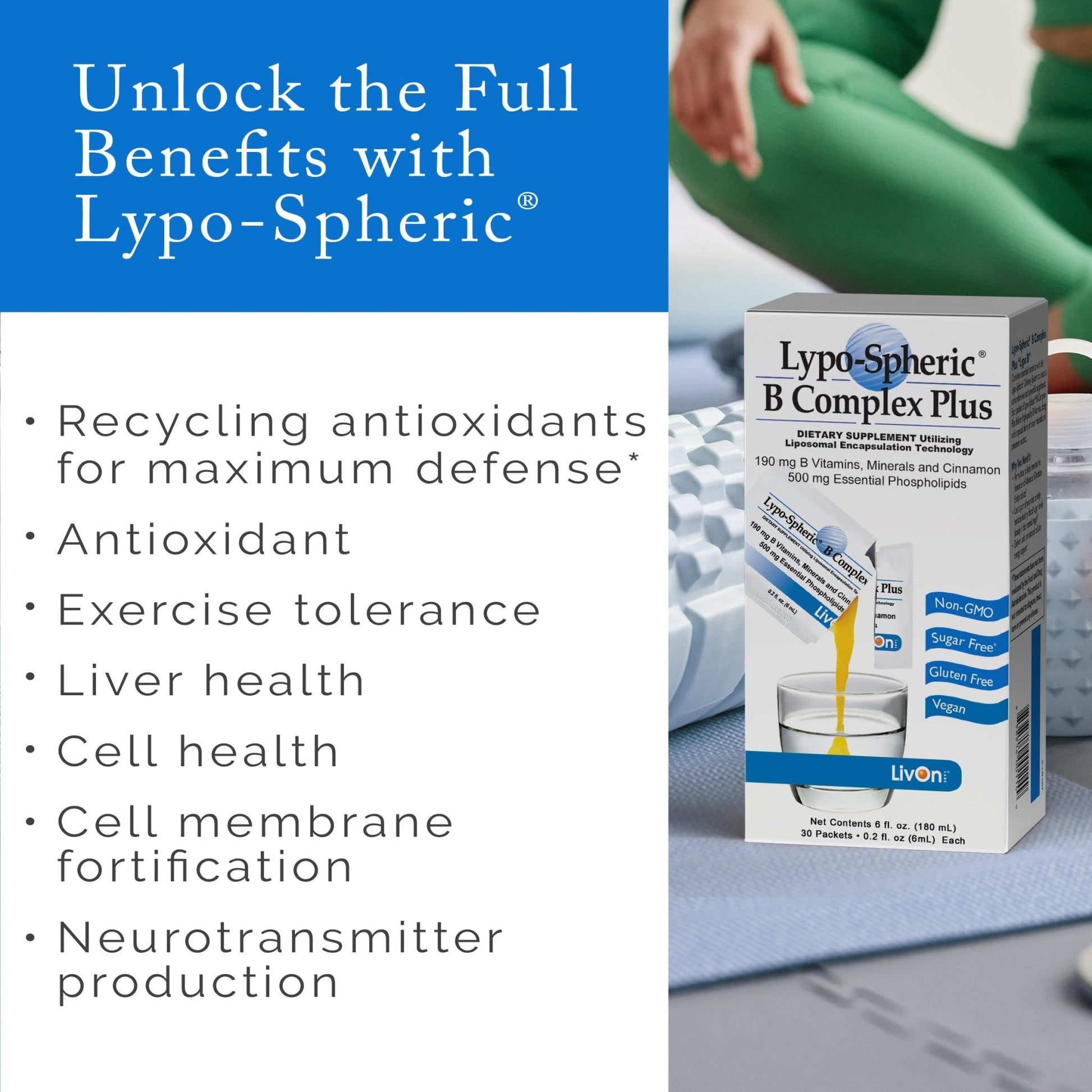 LivOn Laboratories Lypo–Spheric B Complex Plus – 30 Packets – 195 mg B Vitamins, Minerals & Cinnamon Per Packet – Liposome Encapsulated for Improved Absorption – 100% Non–GMO - Maple Wellness Supplements