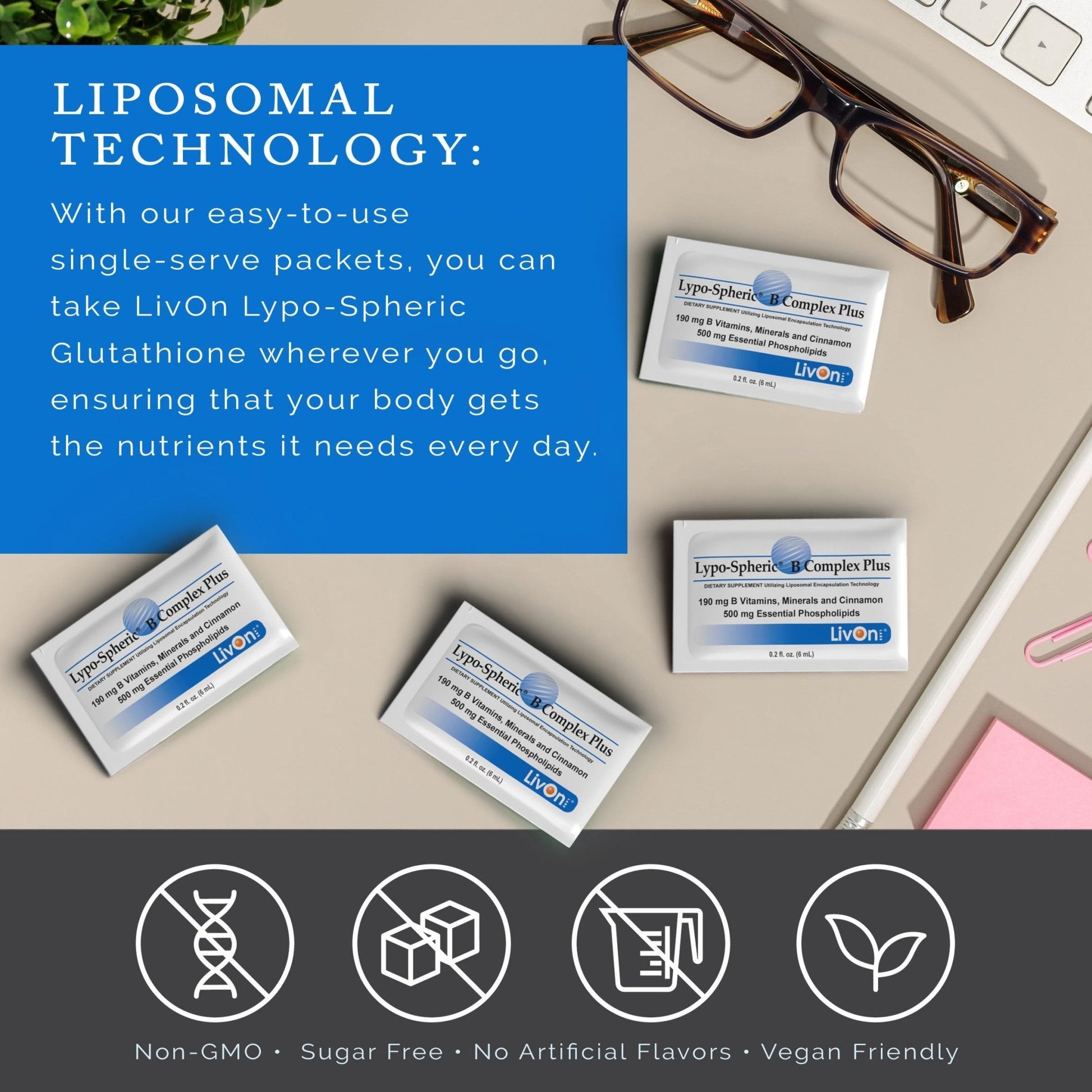 LivOn Laboratories Lypo–Spheric B Complex Plus – 30 Packets – 195 mg B Vitamins, Minerals & Cinnamon Per Packet – Liposome Encapsulated for Improved Absorption – 100% Non–GMO - Maple Wellness Supplements
