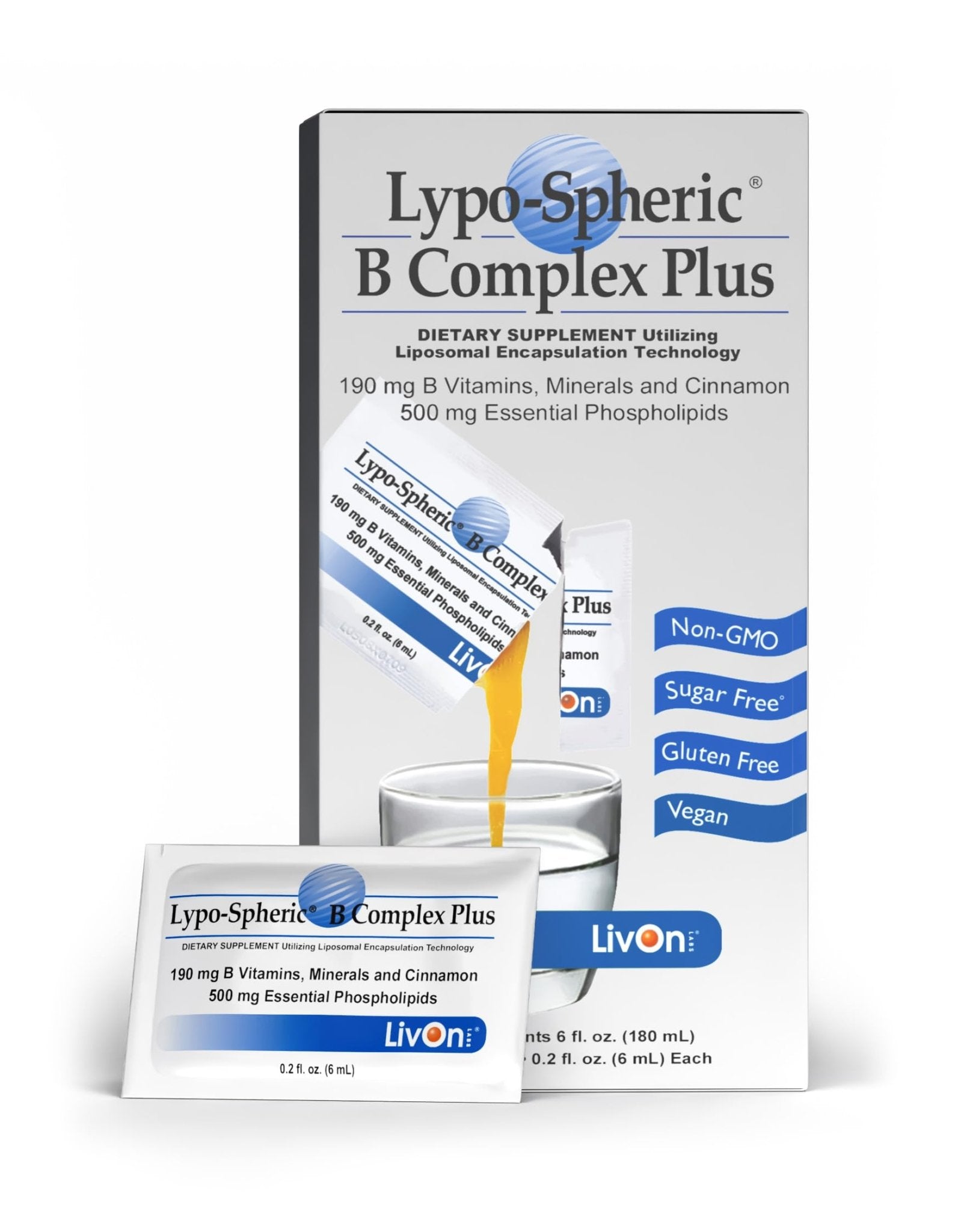 LivOn Laboratories Lypo–Spheric B Complex Plus – 30 Packets – 195 mg B Vitamins, Minerals & Cinnamon Per Packet – Liposome Encapsulated for Improved Absorption – 100% Non–GMO - Maple Wellness Supplements