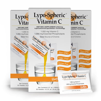 LivOn Laboratories Lypo–Spheric Vitamin C – 3 Cartons (90 Packets) – 1,000 mg Vitamin C & 1,000 mg Essential Phospholipids Per Packet – Liposome Encapsulated for Improved Absorption – 100% Non–GMO - Maple Wellness Supplements