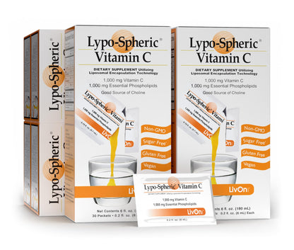 LivOn Laboratories Lypo–Spheric Vitamin C – 6 Cartons (180 Packets) – 1,000 mg Vitamin C & 1,000 mg Essential Phospholipids Per Packet – Liposome Encapsulated for Improved Absorption – 100% Non–GMO - Maple Wellness Supplements
