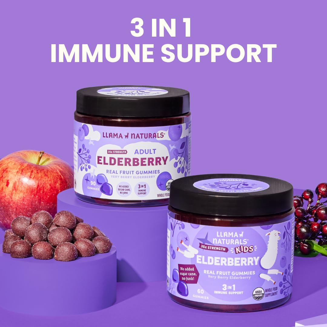 Llama Naturals Elderberry Gummies for Kids, Vegan, Organic Immune Support Supplement with Vitamin C and Zinc, Toddler Real Fruit Gummy Vitamins for Immunity - Maple Wellness Supplements