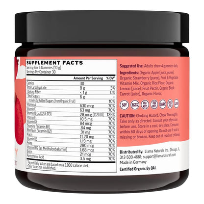 Llama Naturals Multivitamin for Women & Men, Vegan, Organic Gummies with Vitamin D, C & K, Adults Real Fruit Gummy Vitamins - Maple Wellness Supplements
