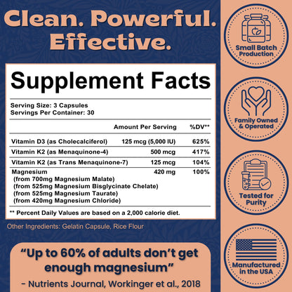 Local Nutrition Magnesium Complex 420mg with Vitamin D3 K2 - Four Bioavailable Forms Including Bisglycinate (Glycinate), Malate, Taurate, and Chloride for Superior Absorption - 90 Capsules Made in USA - Maple Wellness Supplements