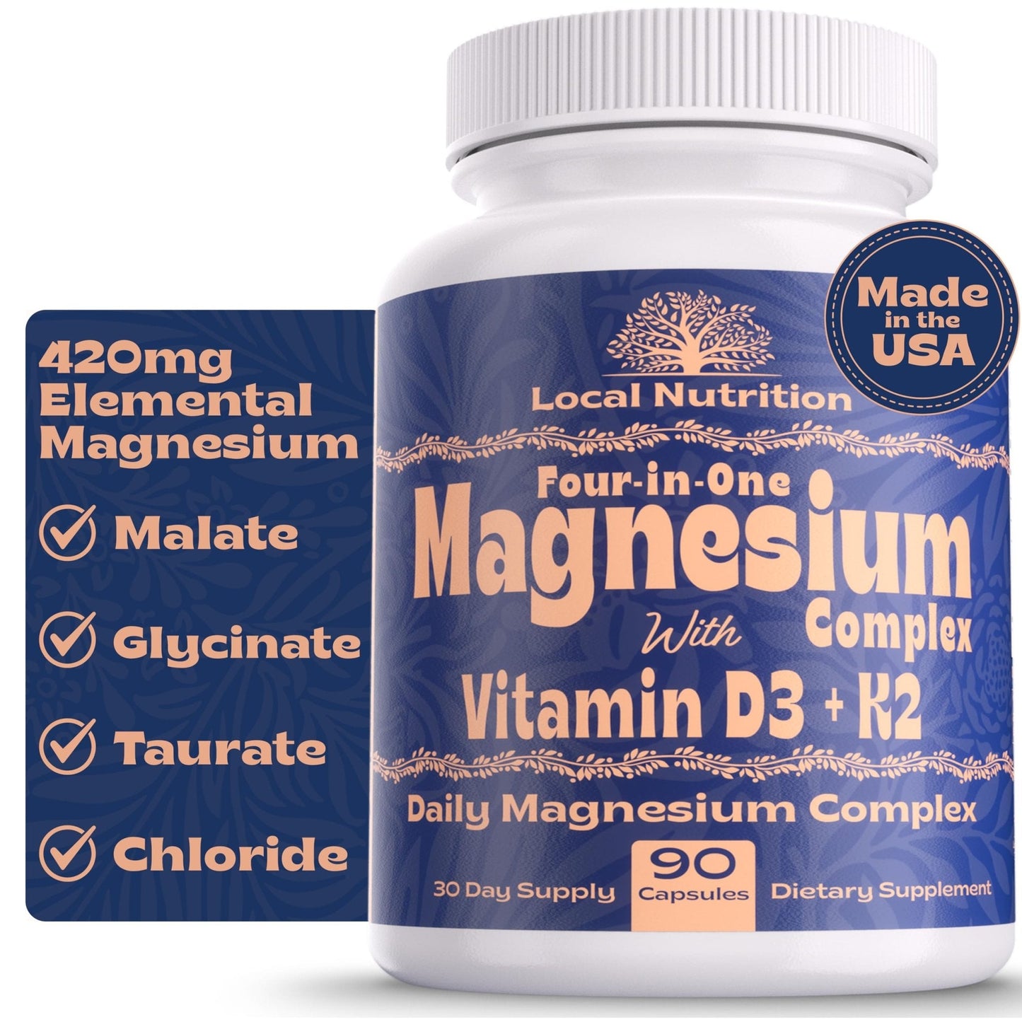Local Nutrition Magnesium Complex 420mg with Vitamin D3 K2 - Four Bioavailable Forms Including Bisglycinate (Glycinate), Malate, Taurate, and Chloride for Superior Absorption - 90 Capsules Made in USA - Maple Wellness Supplements