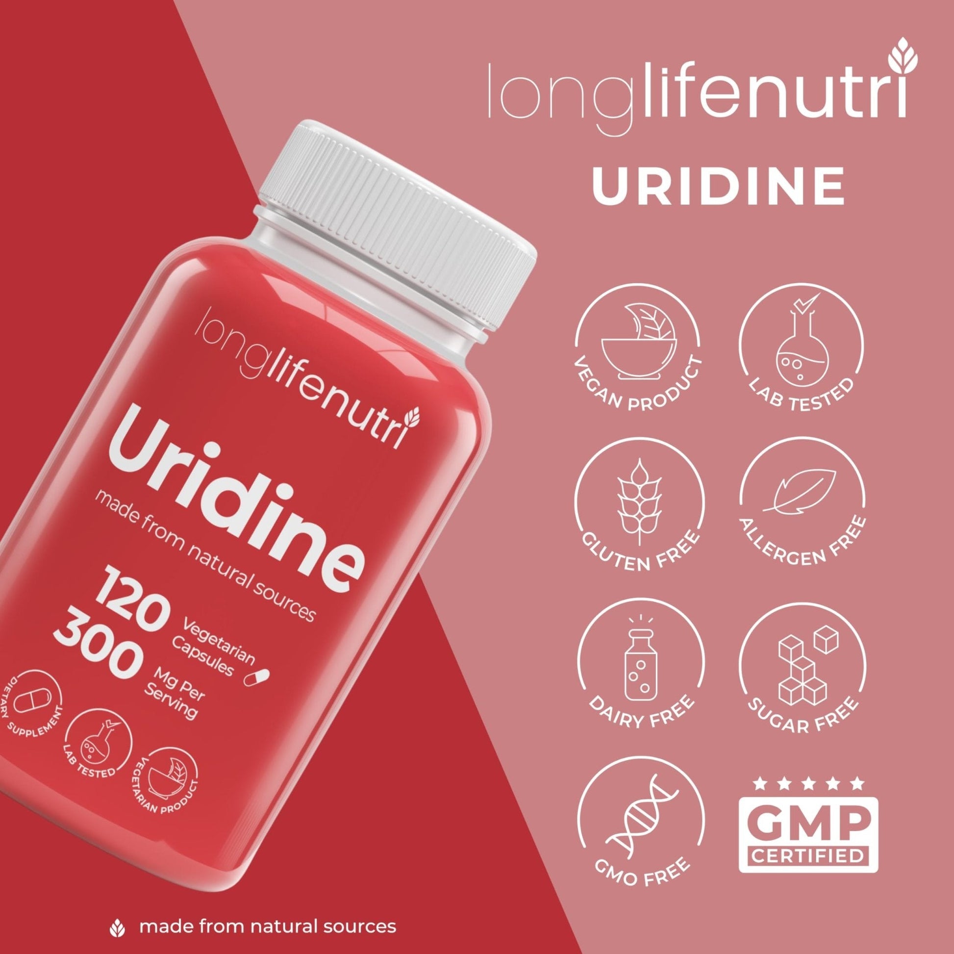 LongLifeNutri Uridine Monophosphate 300mg – Choline Precursor & Synaptic Function, Nootropic for Focus & Mental Performance, 120 Vegetarian Capsules, 4-Month Supply, GMP Certified, Made in USA - Maple Wellness Supplements