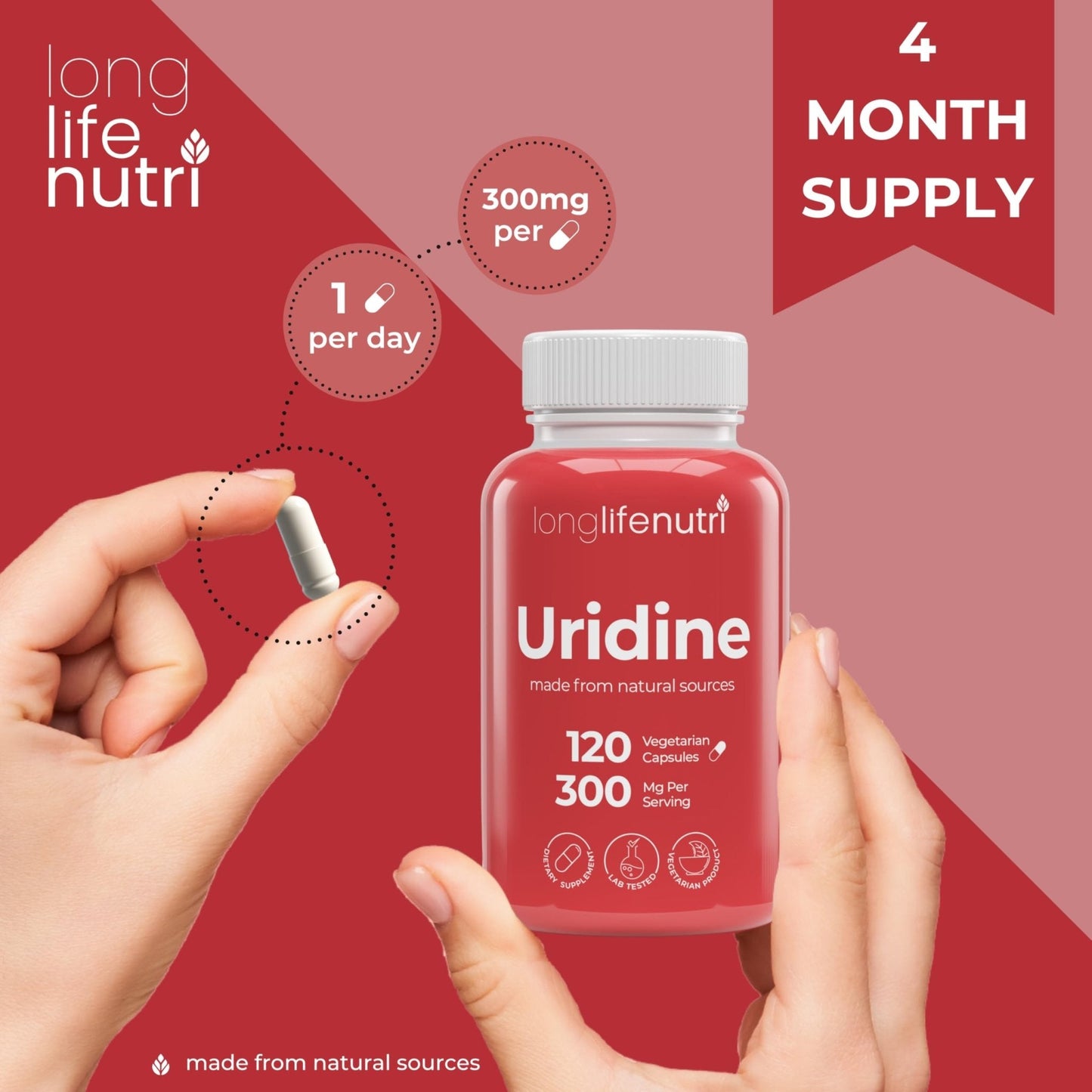 LongLifeNutri Uridine Monophosphate 300mg – Choline Precursor & Synaptic Function, Nootropic for Focus & Mental Performance, 120 Vegetarian Capsules, 4-Month Supply, GMP Certified, Made in USA - Maple Wellness Supplements