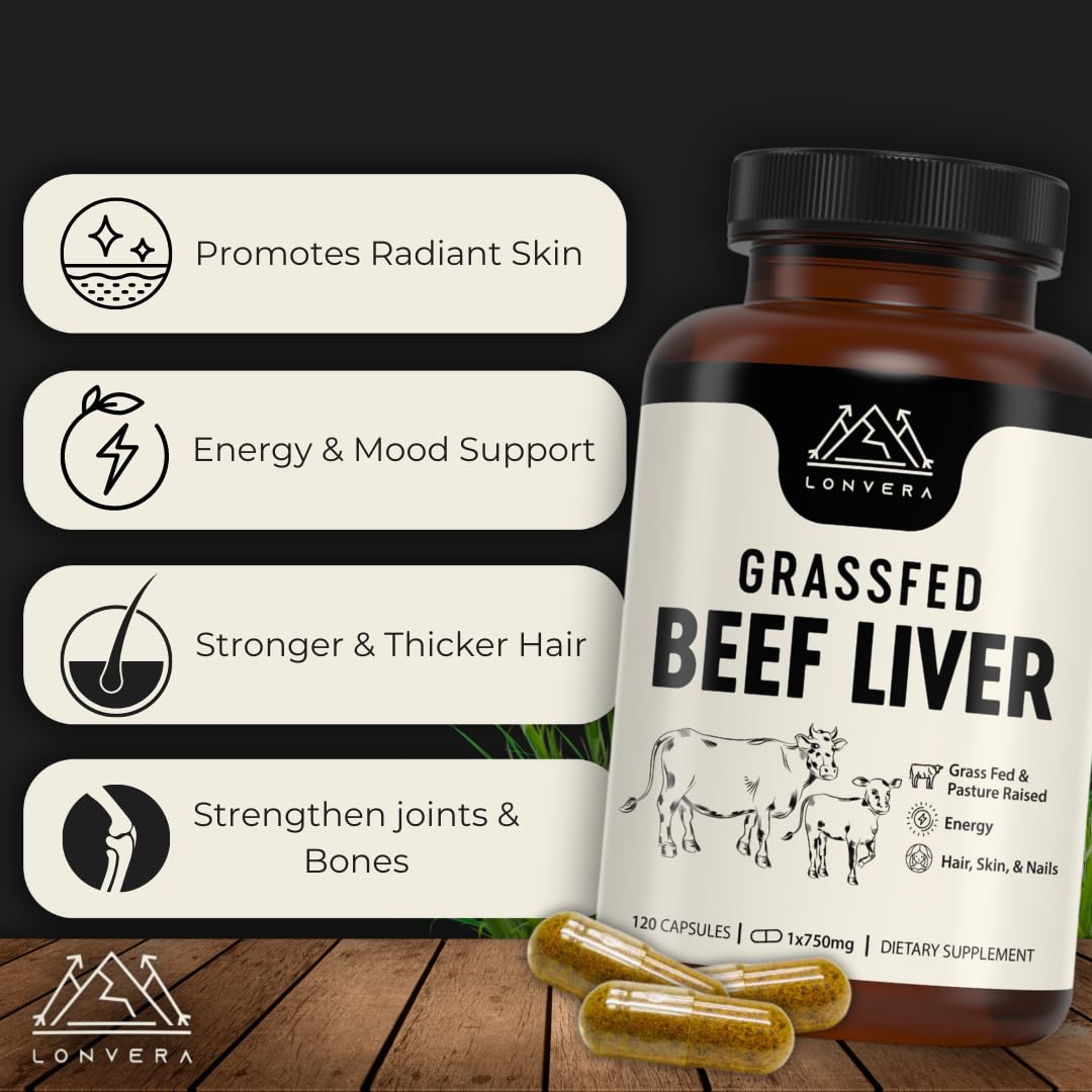 Lonvera Grass Fed Beef Liver Capsules for Women and Men – 3000mg Freeze Dried Desiccated Organs – Nutrient Source for Joints, Bones, Hair, Skin - Maple Wellness Supplements