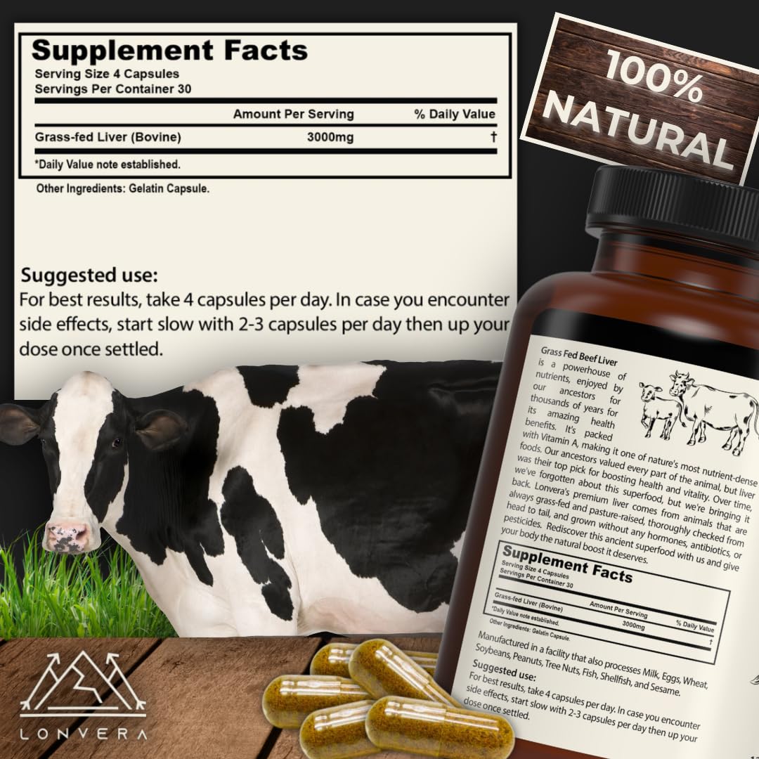 Lonvera Grass Fed Beef Liver Capsules for Women and Men – 3000mg Freeze Dried Desiccated Organs – Nutrient Source for Joints, Bones, Hair, Skin - Maple Wellness Supplements