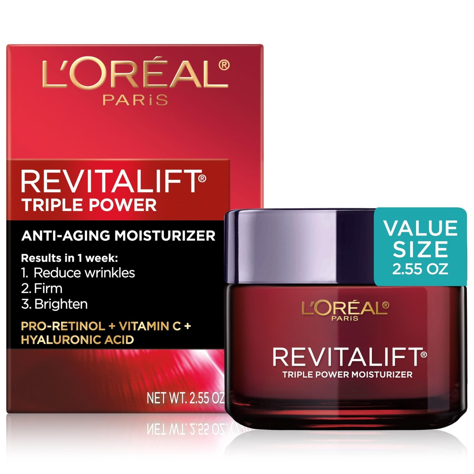 L'Oreal Paris Revitalift Triple Power Anti-Aging Face Moisturizer, Pro Retinol, Hyaluronic Acid & Vitamin C, Reduce Wrinkles 2.55 Oz - Maple Wellness Supplements