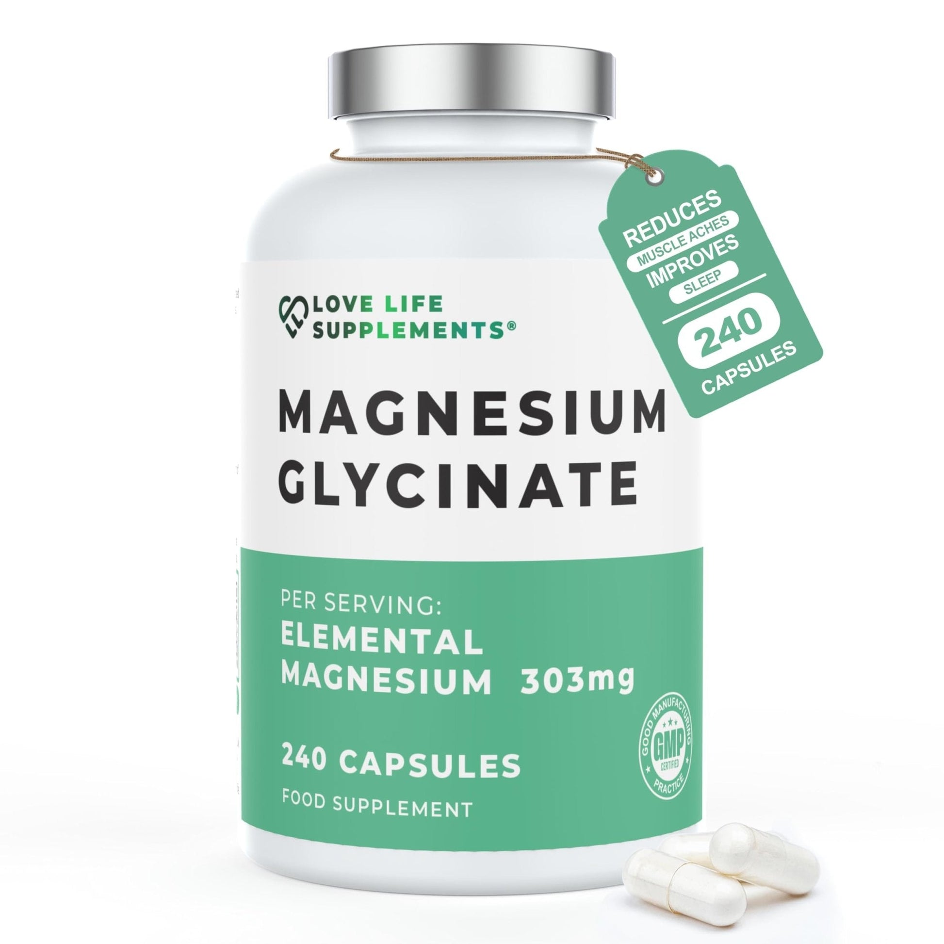 Love Life Supplements Pure Magnesium Glycinate (Bisglycinate), 240 Vegan Capsules, 2 Month Supply, High Strength 300mg Elemental - Maple Wellness Supplements