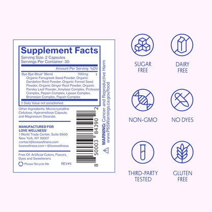 Love Wellness Bye Bye Bloat | Digestive Enzymes for Fast Acting Bloating Relief for Women | Helps Reduce Water Retention & Gas Relief | Supports Digestive Health with Fenugreek & Dandelion | 60 Count - Maple Wellness Supplements