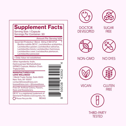 Love Wellness Good Girl Probiotics | Women’s Vaginal Health & pH Balance Supplement | 9-Strain Probiotic for Urinary Tract, Yeast, Odor & Immune Support | Gluten-Free (30-Day Supply) - Maple Wellness Supplements