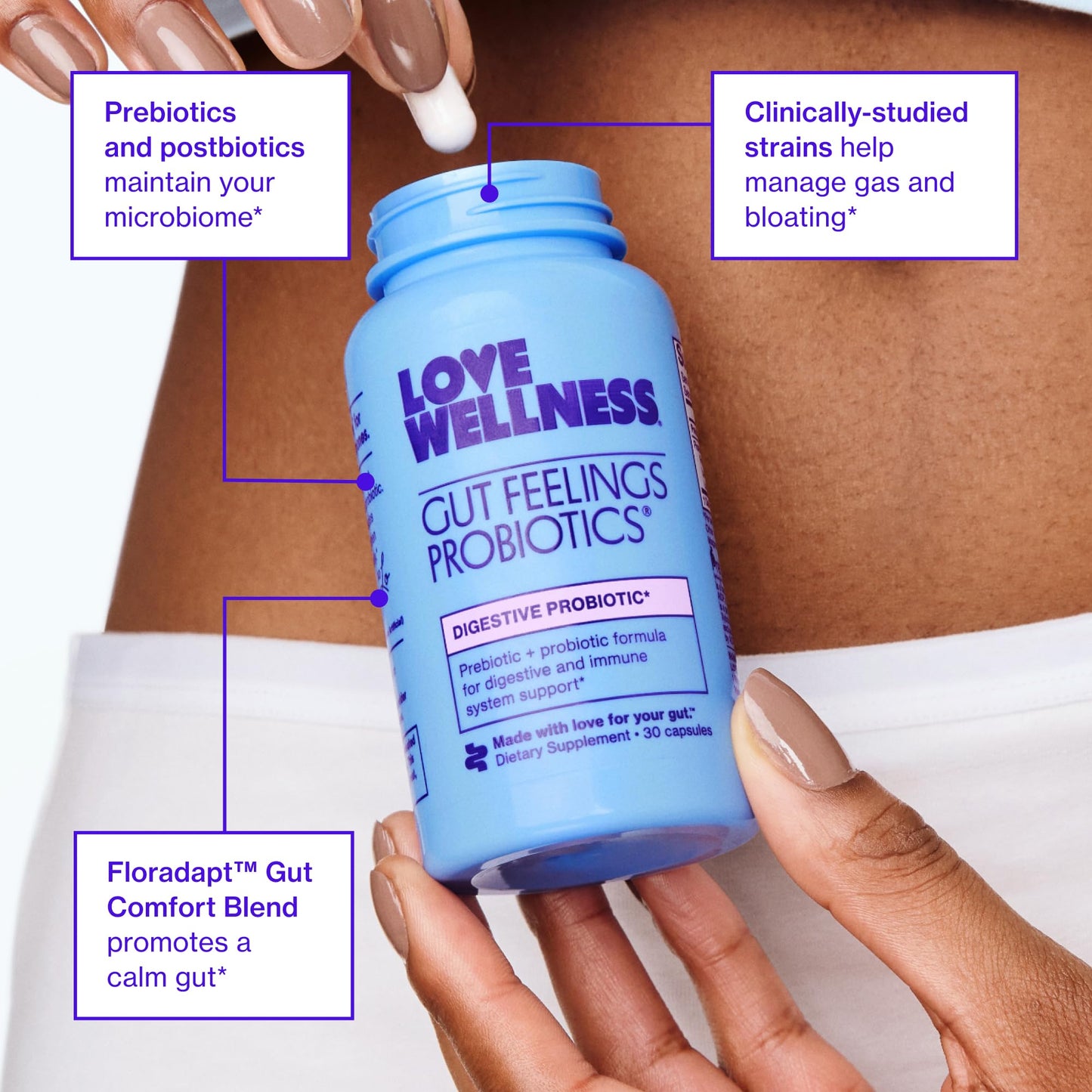 Love Wellness Gut Feelings Probiotic | Gut Health for Women, Digestion Relief & Immune Support Supplement | Womens Probiotic for Gas Relief | 3 Billion CFU | Safe Prebiotic and Postbiotic | 30 Count - Maple Wellness Supplements