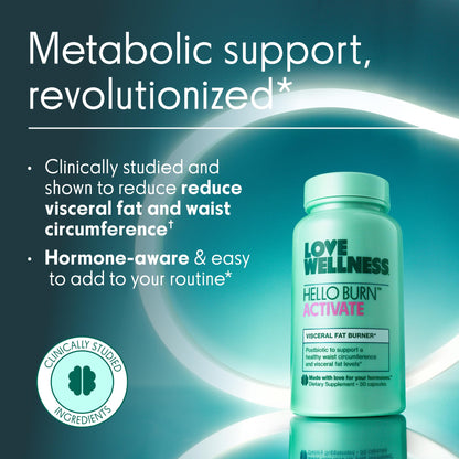 Love Wellness Hello Burn Activate | Support Visceral Fat Burn with HT BPL1 Postbiotic | Supports Healthy Waist Circumference, Longevity and Metabolic Wellness | 30 Count - Maple Wellness Supplements