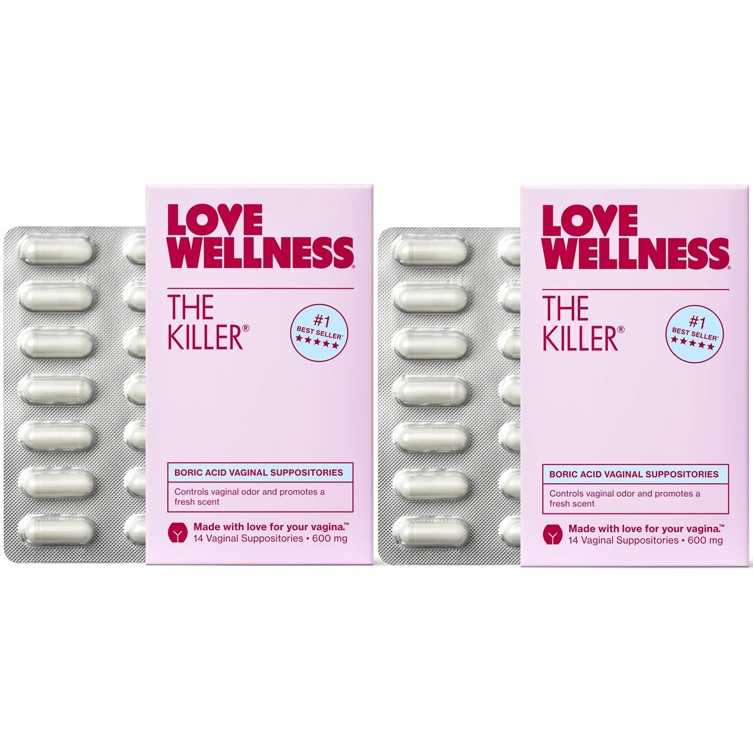 Love Wellness The Killer | 600mg Boric Acid Vaginal Suppositories | Balances pH & Supports Odor Control, a Healthy Vaginal Balance | Fast-Acting & Fragrance-Free | Gentle & Effective | 28 Ct - Maple Wellness Supplements