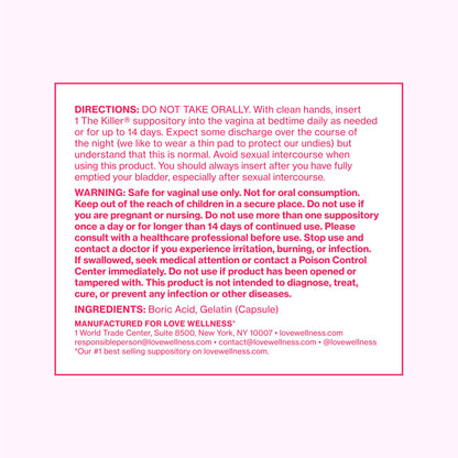 Love Wellness The Killer | 600mg Boric Acid Vaginal Suppositories | Balances pH & Supports Odor Control, a Healthy Vaginal Balance | Fast-Acting & Fragrance-Free | Gentle & Effective | 28 Ct - Maple Wellness Supplements