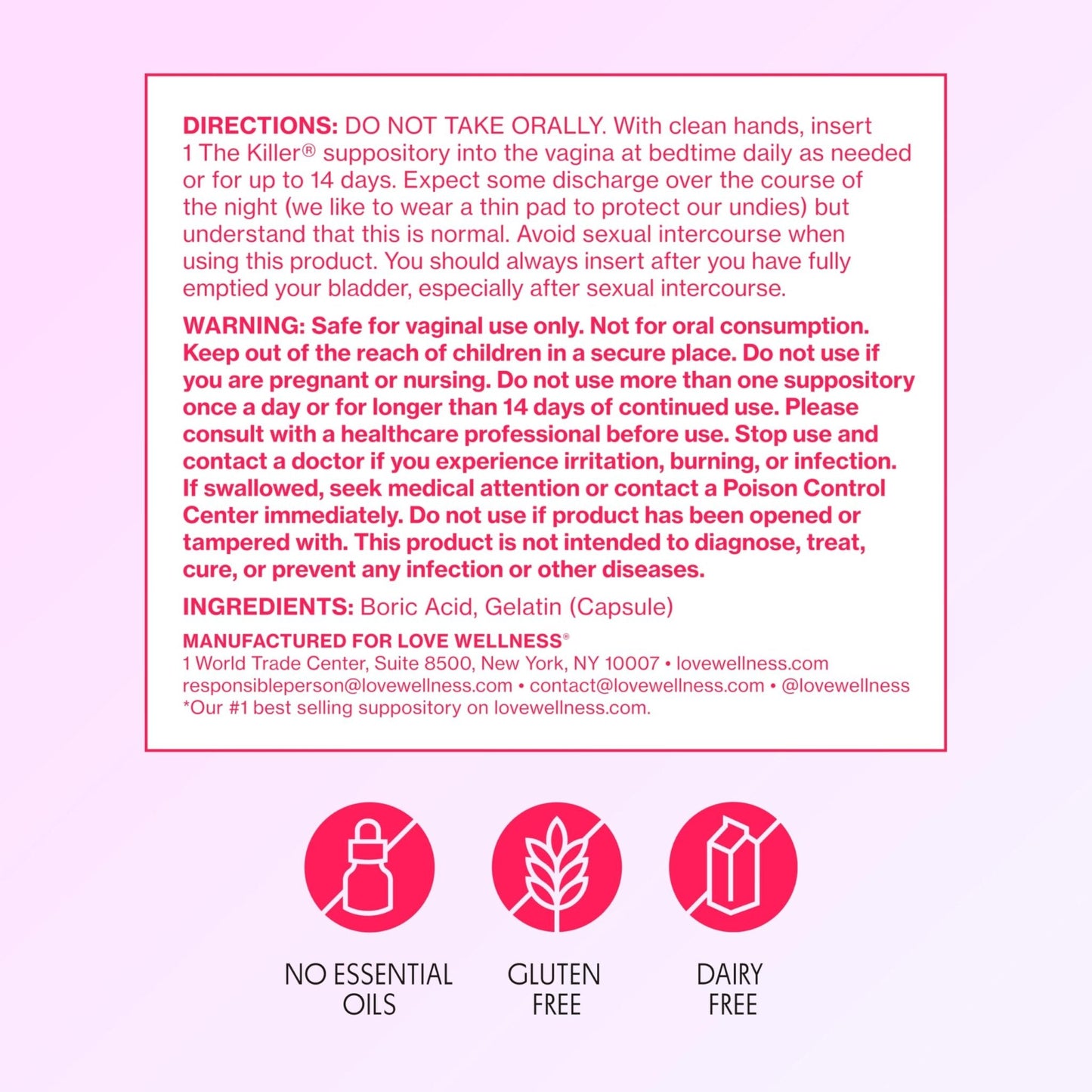 Love Wellness The Killer | Boric Acid Vaginal Suppositories | Balances pH & Supports Odor Control, a Healthy Vaginal Balance and Environment | Fast-Acting & Fragrance-Free | Gentle & Effective | 14 Ct - Maple Wellness Supplements