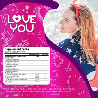 Love You Womens Probiotic, Ph Balance, Ut, Feminine, Vaginal Health Supplement, Digestive, Pre + Pro + Postbiotic, Delayed Release, 60 Billion Live CFU, 8-Strain Probiotic Blend, 30 Veg Caps Servings - Maple Wellness Supplements