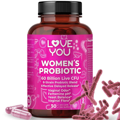 Love You Womens Probiotic, Ph Balance, Ut, Feminine, Vaginal Health Supplement, Digestive, Pre + Pro + Postbiotic, Delayed Release, 60 Billion Live CFU, 8-Strain Probiotic Blend, 30 Veg Caps Servings - Maple Wellness Supplements