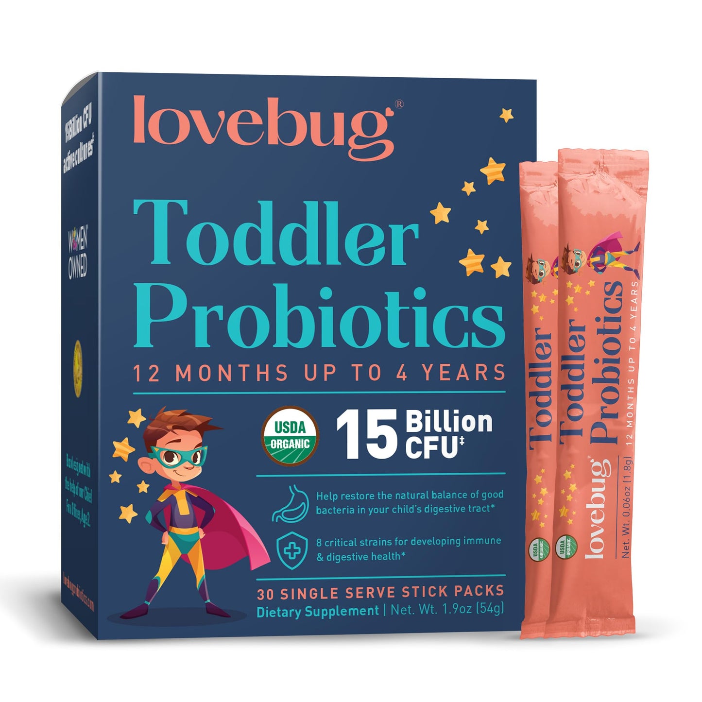 LOVEBUG Kids Probiotic Powder with Prebiotic Fiber - Toddler Immunity Support & Constipation Relief - USDA Organic Probiotics for Childrens Gut & Digestive Health - Maple Wellness Supplements