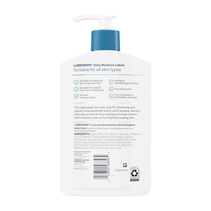 Lubriderm Fragrance Free Daily Moisture Lotion + Pro-Ceramide, Shea Butter & Glycerin, Face, Hand & Body Lotion for Sensitive Skin - Maple Wellness Supplements