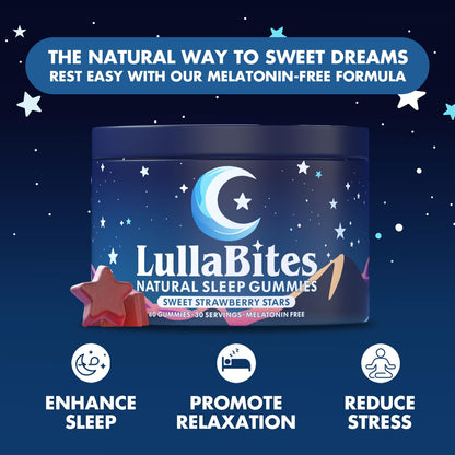 LullaBites - Natural Sleep Gummies - Made in USA - With 5-HTP, L-Theanine, Magnesium & Valerian Root - Melatonin Free - Vegan - Halal - Sugar, Gluten Free - Sweet Strawberry - Maple Wellness Supplements
