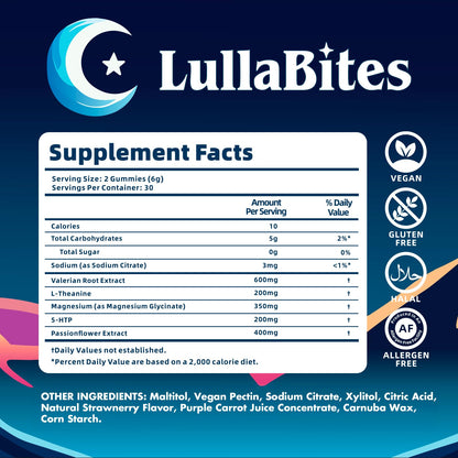 LullaBites - Natural Sleep Gummies - Made in USA - With 5-HTP, L-Theanine, Magnesium & Valerian Root - Melatonin Free - Vegan - Halal - Sugar, Gluten Free - Sweet Strawberry - Maple Wellness Supplements