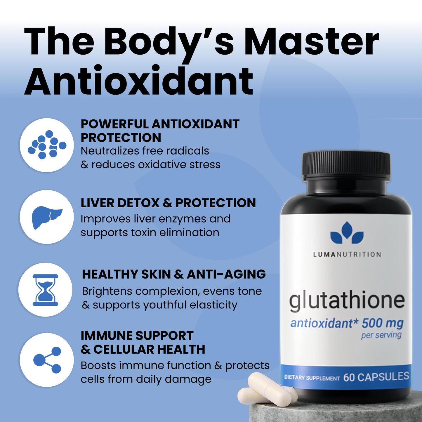 Luma Nutrition Premium Glutathione Supplement - 500mg - L-Glutathione - Antioxidant Support - Maple Wellness Supplements