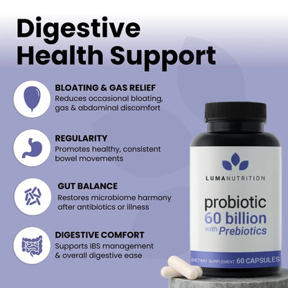 Luma Nutrition Probiotics 60 Billion CFU with Prebiotics - Probiotics for Women and Men - Formulated for Digestive Enzyme Health - Vegan & Gluten-Free - 60 Capsules - Maple Wellness Supplements