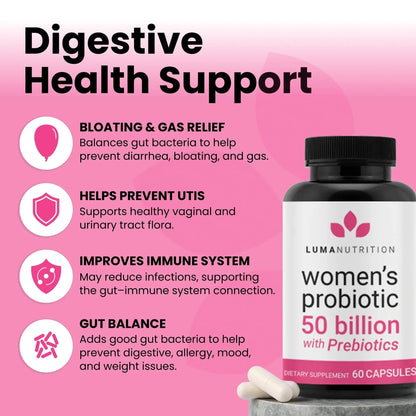 Luma Nutrition Probiotics for Women with Prebiotics - 50 Billion CFU - Formulated for Digestive, Immune & Feminine Support - 60 Capsules - Maple Wellness Supplements