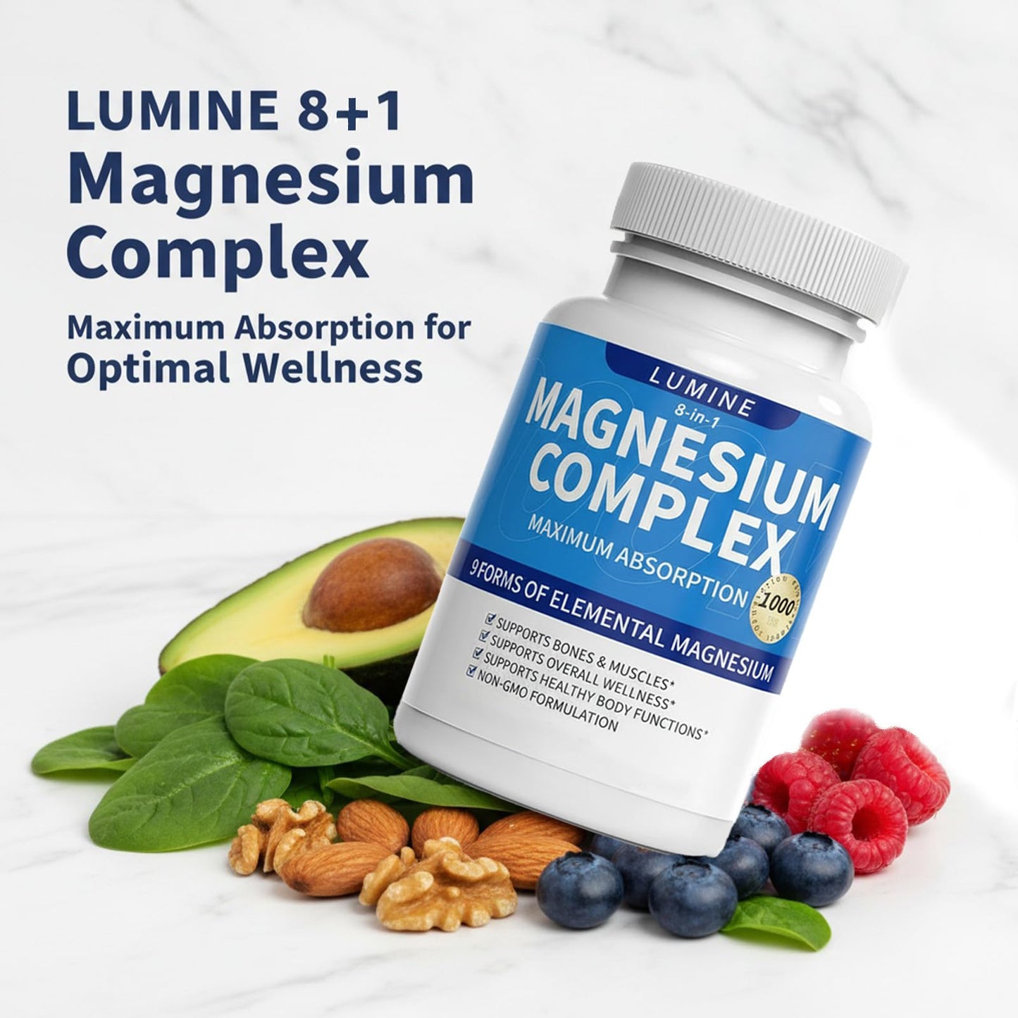 Lumine Magnesium Complex Supplement - Advanced 8-in-1 Elemental 1000mg- Glycinate, Citrate, Malate, Taurate - Maple Wellness Supplements