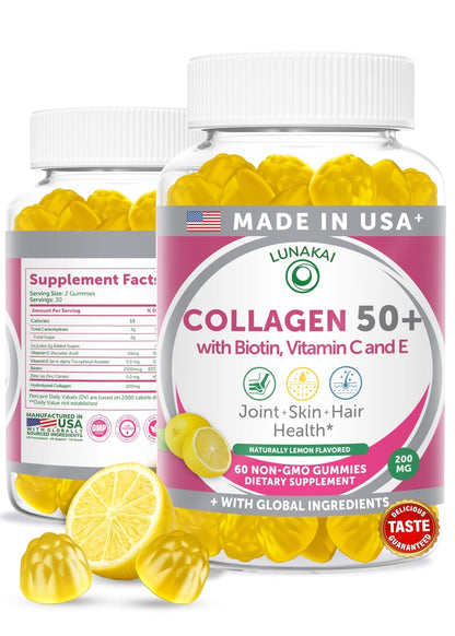 Lunakai USA Made Collagen Gummies for Women & Men Over 50, Biotin & Vitamin C, Supports Skin Elasticity, Hair & Nail Strength, Joint Support, 60ct - Maple Wellness Supplements