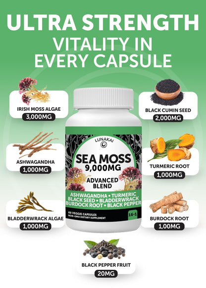 Lunakai USA Made Moringa & Sea Moss Capsules Bundle – 6-in-1 & 16-in-1 Advanced Blends – 60 Non-GMO Veggie Capsules Each - Maple Wellness Supplements