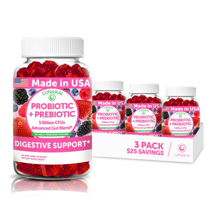 Lunakai USA Made Prebiotic + Probiotic Gummies for Women and Men - High Potency 5 Billion CFUs with Fibers - Non-GMO Gut Health Support - 3 Pack - Maple Wellness Supplements