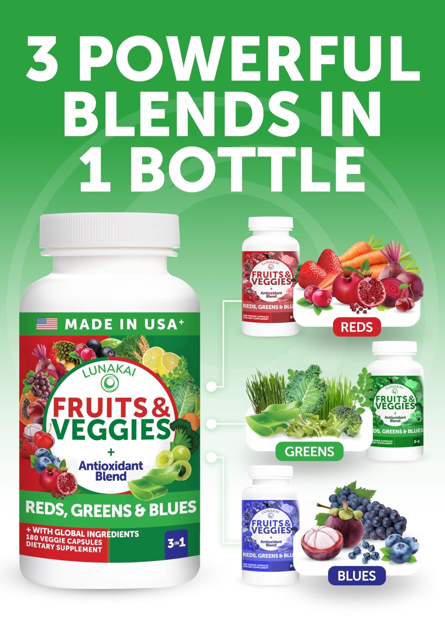 Lunakai USA Made Superfood Fruits & Veggies Supplement - All-in-One with 4 Blends & Scented Capsules, 180ct Super Veggie Capsules for Adults - Maple Wellness Supplements