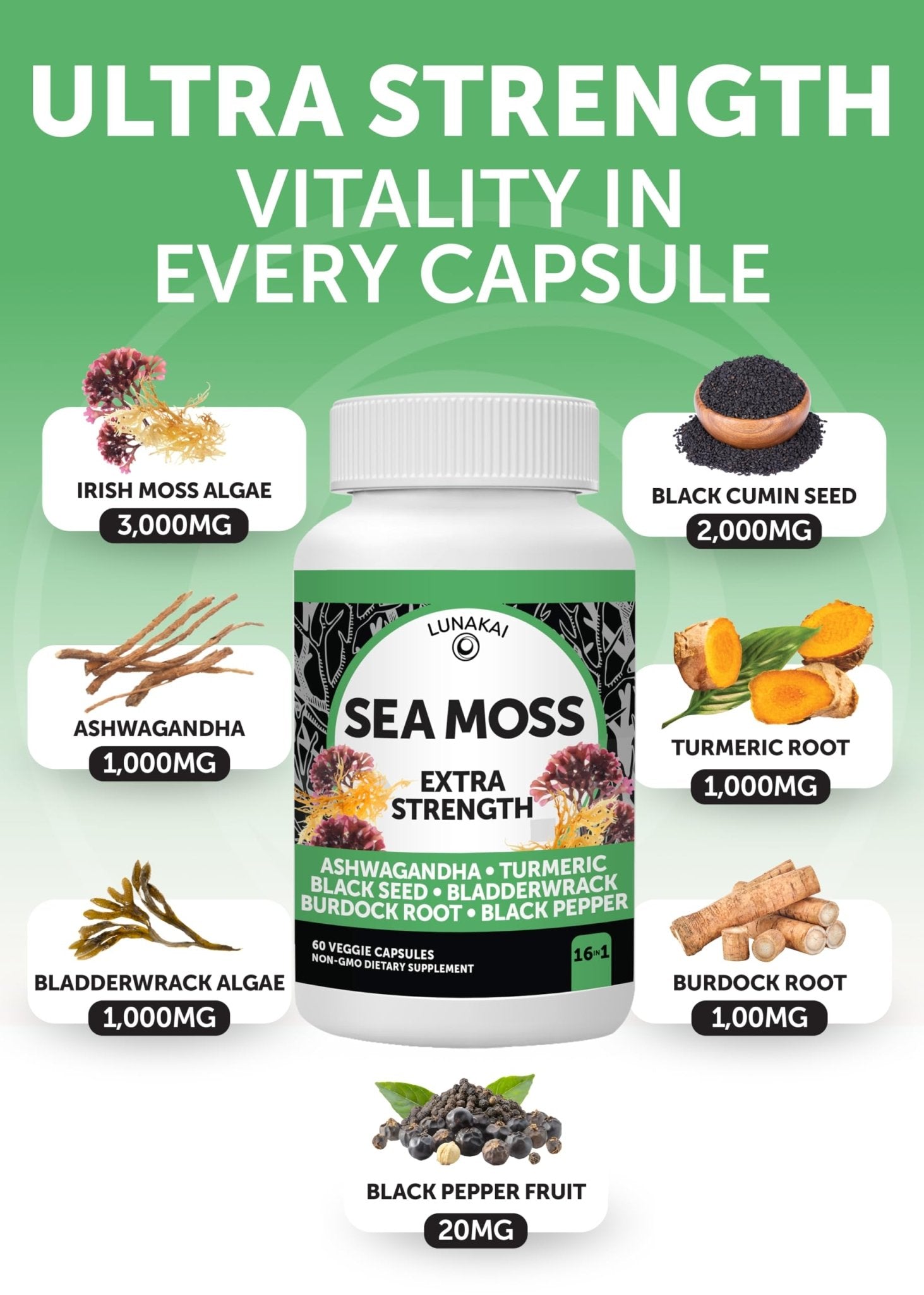 Lunakai USA Made Superfood Fruits & Veggies Supplement & Irish Sea Moss Bundle with 4 Blends, Black Seed Oil & Ashwagandha for Immune & Wellness Support - Maple Wellness Supplements