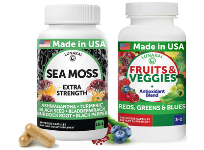 Lunakai USA Made Superfood Fruits & Veggies Supplement & Irish Sea Moss Bundle with 4 Blends, Black Seed Oil & Ashwagandha for Immune & Wellness Support - Maple Wellness Supplements